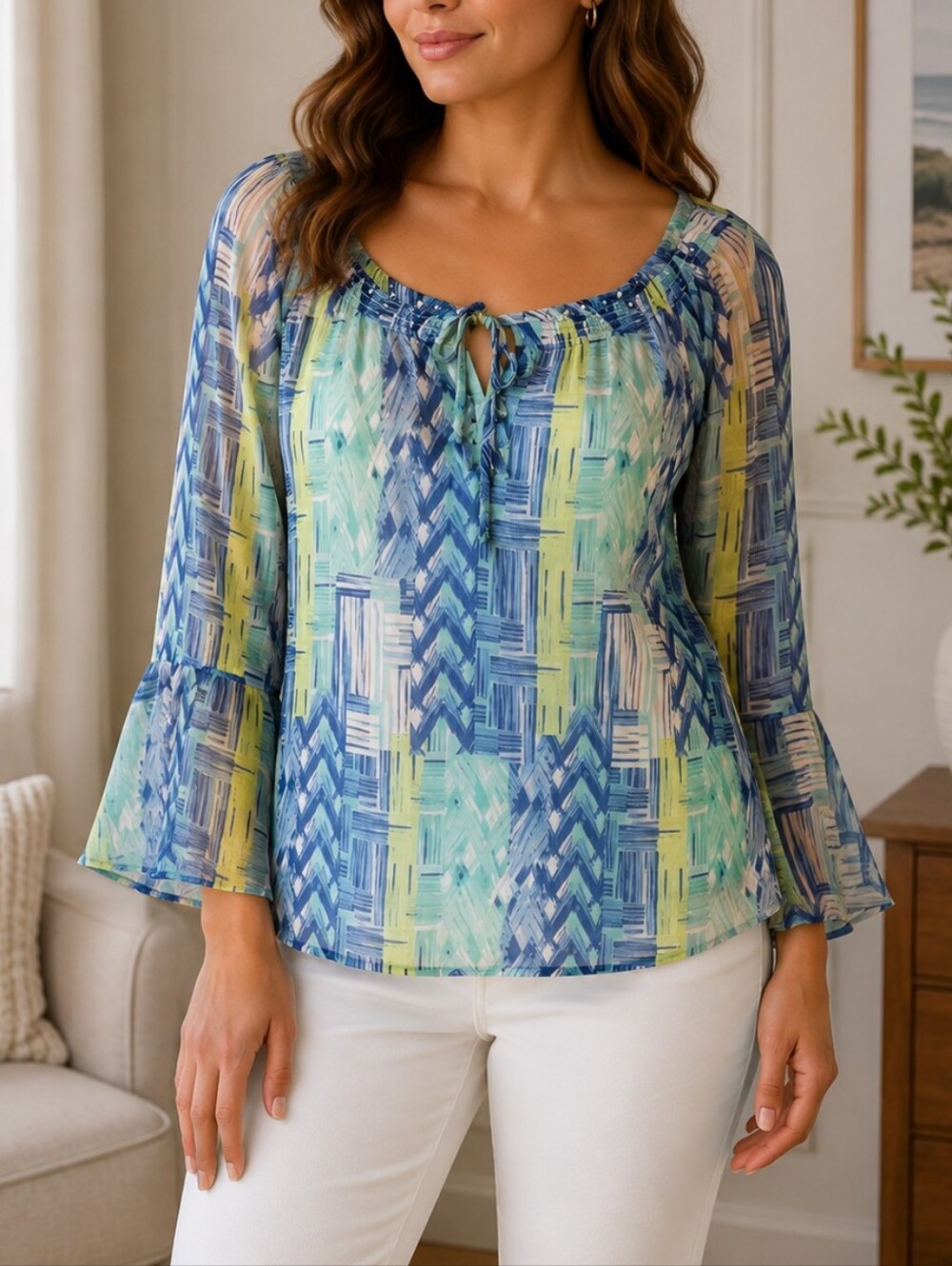 HEARTS OF PALM | Women's Blue Green Abstract Sheer Bell Sleeve Blouse Size 6P